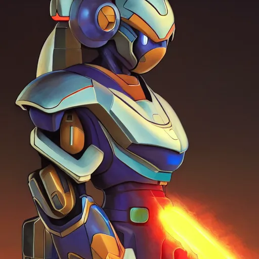 Image similar to photorealistic futuristic version of mega man x armor, unreleased concept art, pixiv, intricate, elegant, highly detailed, digital painting, artstation, concept art, smooth, sharp focus, illustration, art by artgerm and greg rutkowski and alphonse mucha