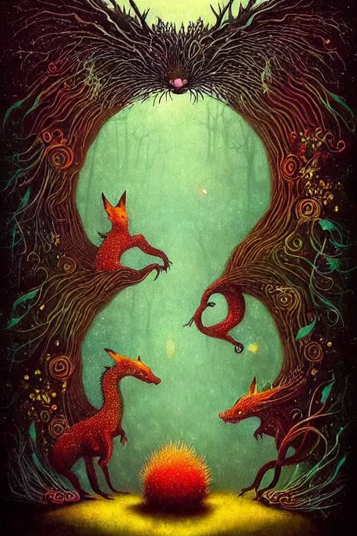 Prompt: surreal hybrid dragons and foxes, nostalgia for a fairytale, magic realism, flowerpunk, mysterious, vivid colors, by andy kehoe, amanda clarke