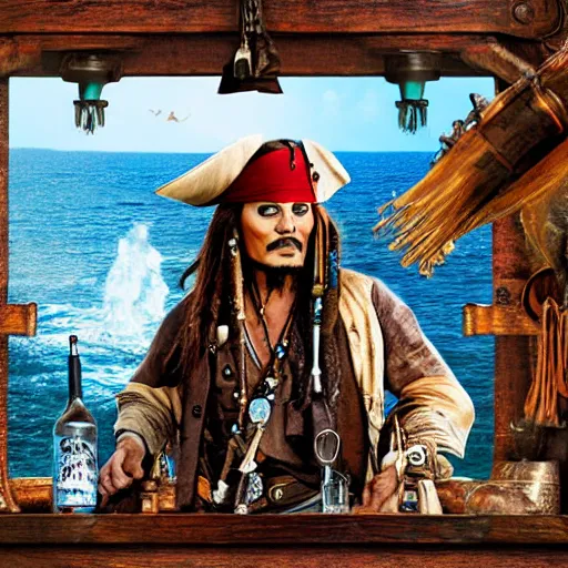 Prompt: jack sparrow drinks rum from bottle at the deck of pirate ship, focus, 3 d illustration, sharp, intricate, poster,, photo, detailed photo, scene from pirates of caribbean