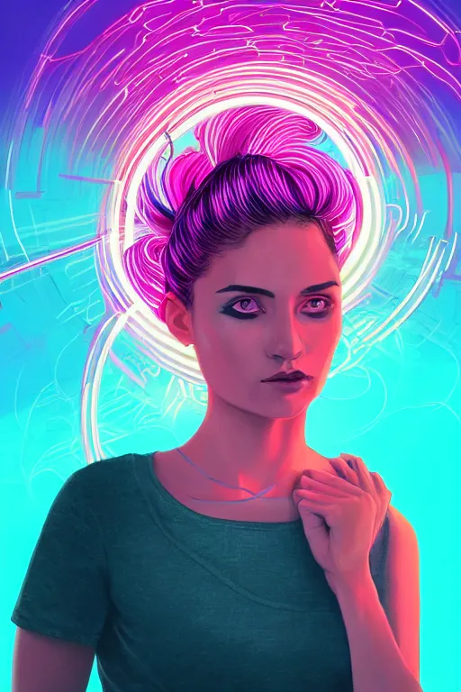 Image similar to a award winning half body portrait of a beautiful woman with stunning eyes in a croptop and cargo pants with ombre purple pink teal hairstyle and hands in pockets by thomas danthony, surrounded by whirling illuminated lines, outrun, vaporware, shaded flat illustration, digital art, trending on artstation, highly detailed, fine detail, intricate