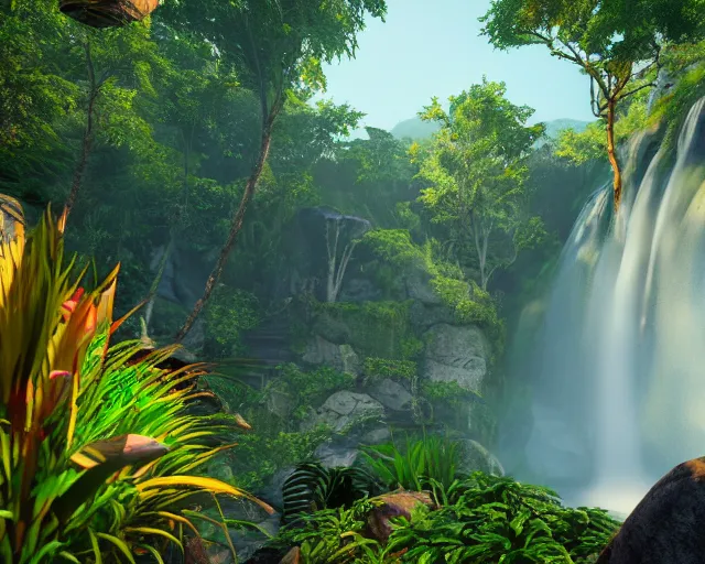 Prompt: beautiful jungle environment, waterfall, high trees, flowers, sunset, mystic, unreal engine 5, global illumination, mountains in the background, raytracing, 8 k, hyper realistic, trending on artstation