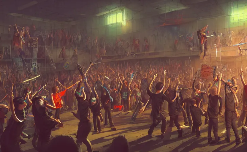 Image similar to 4 punks in school uniform with mohawks stand on stage with guitars and drums and microphones and yell day, foreground fight of ravers and punks, by marc simonetti, tyler edlin, deviantart, ray tracing, octane render, digital art, realistic, high quality, 8 k