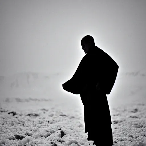 Prompt: a black and white photograph of a monk standing in a snow field, narrow focus, f 1. 2