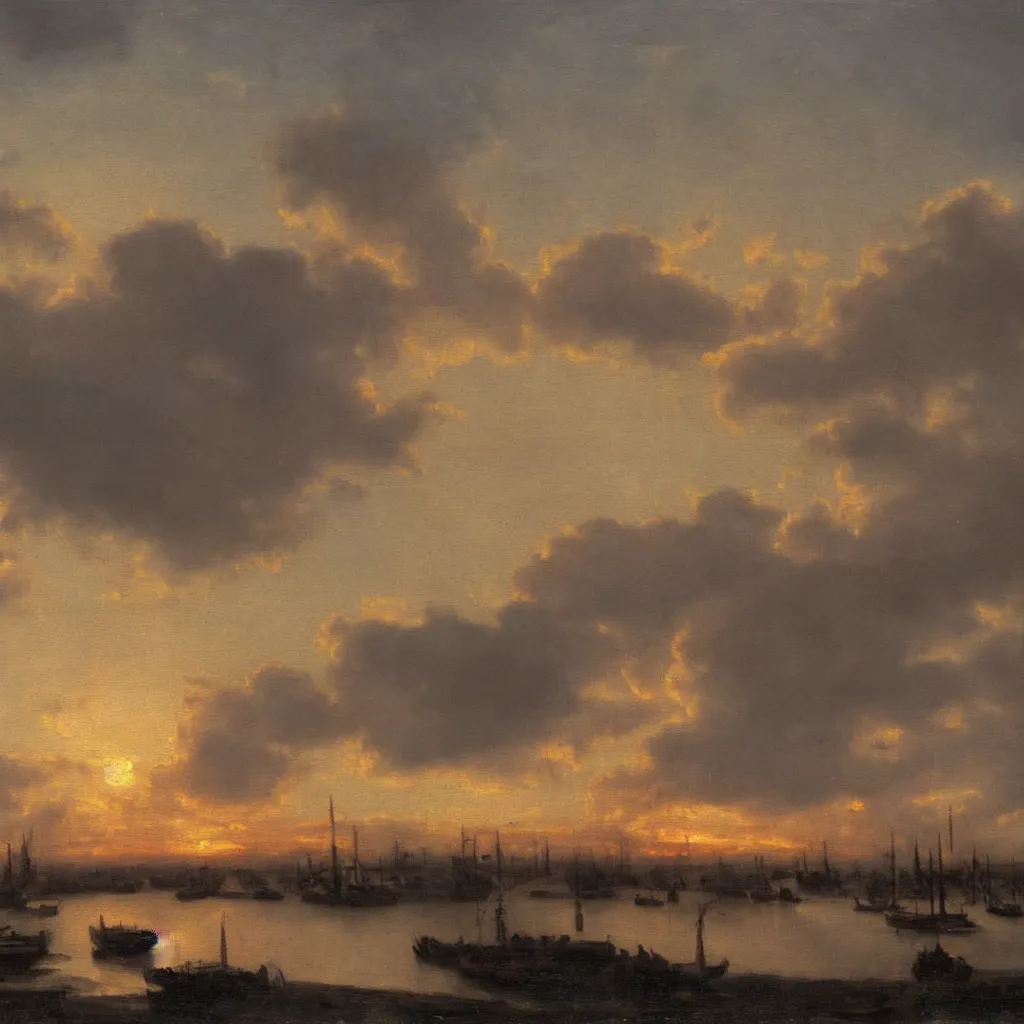 Image similar to a realistic oil painting of cloudy skies at sunrise, dutch masters