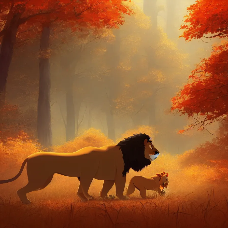 Image similar to Goro Fujita illustrating side view of a lion walking through a beautiful autumn forest, art by Goro Fujita, sharp focus, highly detailed, ArtStation