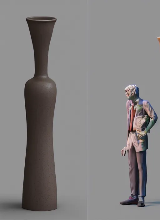 Image similar to a sculpture of a man standing next to a tall vase, a raytraced image by Hikari Shimoda, polycount, video art, vray tracing, ray tracing, rendered in unreal engine