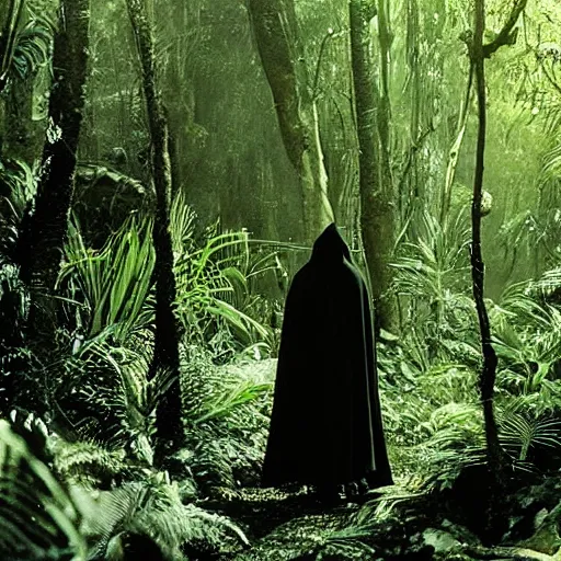 Image similar to a man wearing a long cloak and hood, walking through a lush jungle, film still, arriflex 3 5 extremely high detail