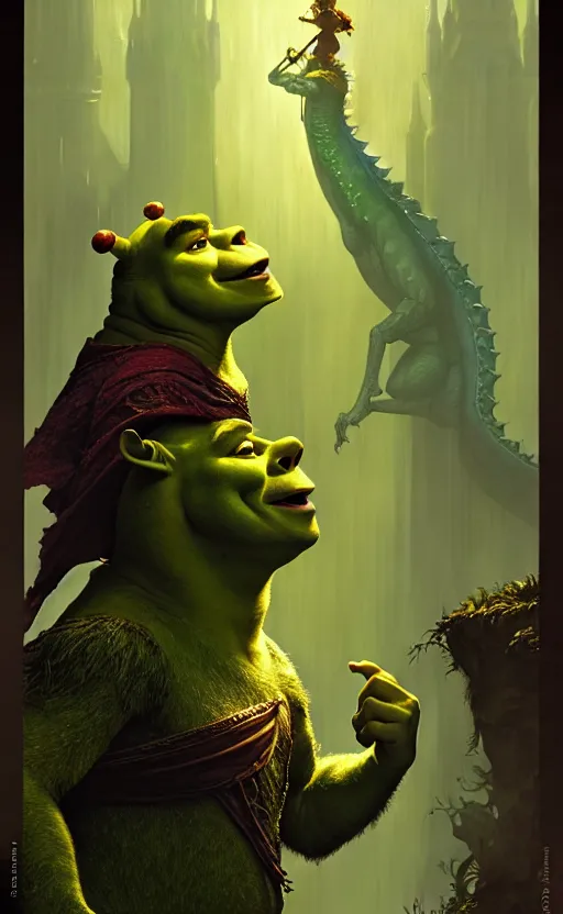 Prompt: shrek dragon gorgeous lighting by weta studio, mucha, bautista and norman rockwell and greg rutkowski and tom bagshaw and james gurney and lucasfilm