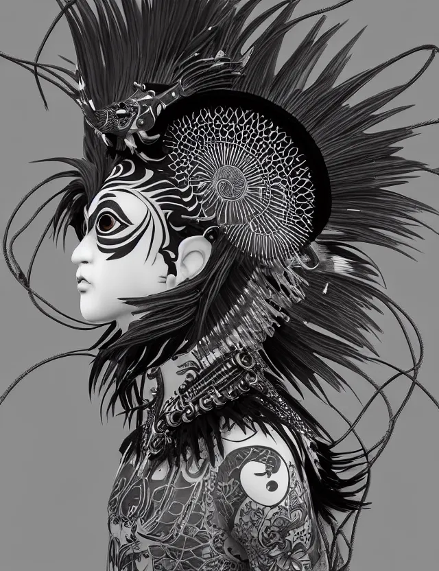 Image similar to 3 d goddess close - up profile simple portrait punk with mohawk with ram skull. beautiful intricately detailed japanese crow kitsune mask and clasical japanese kimono. betta fish, jellyfish phoenix, bio luminescent, plasma, ice, water, wind, creature, artwork by tooth wu and wlop and beeple and greg rutkowski