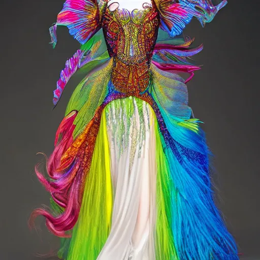 Prompt: ornate multicolored gown inspired by crowntail betta splendens flowing fins