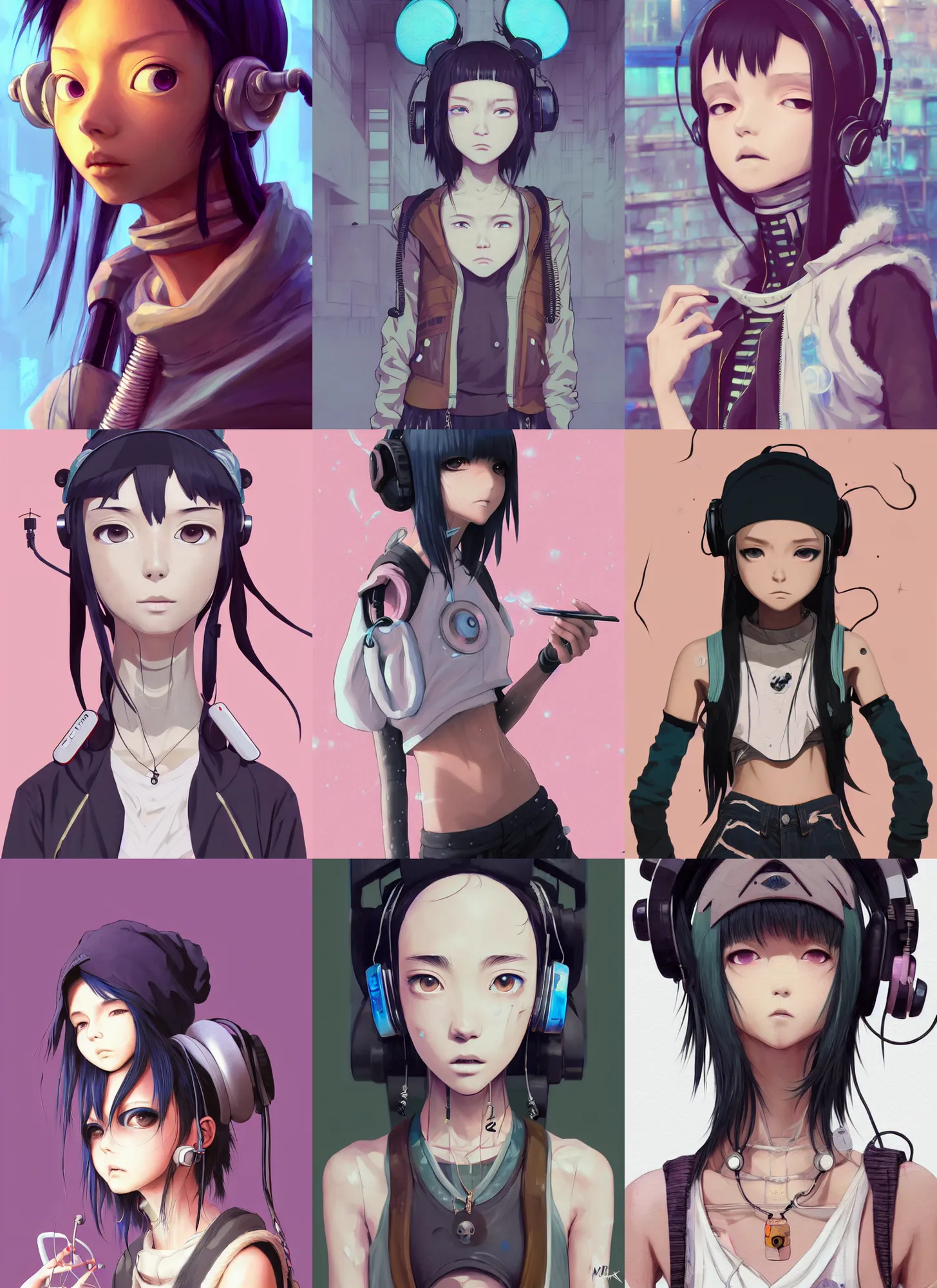 Prompt: tekkonkinkreet portrait, soft lustrous beautiful biotech raver white emo winter streetwear madison beer cyborg woman, crop top, low - rise. earbuds, hi - fructose, sci - fi fantasy cyberpunk decadent highly - detailed digital vector anime, artstation, concept art, sharp focus, smooth, artgerm, mucha, loish, wlop