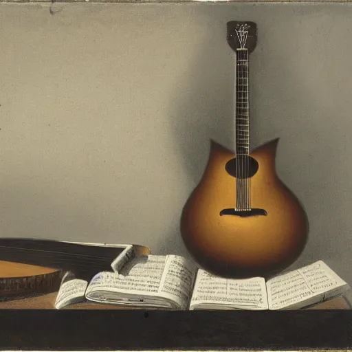 Prompt: still life of a guitar, matte painting, 1853, award-winning