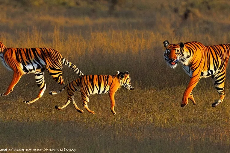 Image similar to 2 animals, one antelope and one tiger, the antelope is chasing the tiger golden hour, 6 0 0 mm, wildlife photo, national geographics