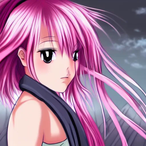 Image similar to high quality anime art of the face of an anime samurai girl with pink hair, animation, semi realistic