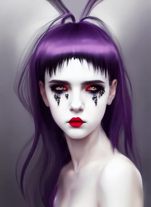 Image similar to portrait of white teenage girl, normal face, black bangs, mall goth, cyberlox, black and white hair, bangs, fluffy bangs, red contacts, purple lipstick, intricate, elegant, highly detailed, digital painting, artstation, concept art, sharp focus, smooth, illustration, art by wlop, mars ravelo and greg rutkowski