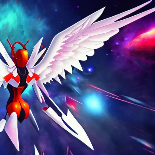 Image similar to evangelion angel invaders blazing wings 4 k path traced high definition detailed artstation realistic trending dramatic lighting hyperrealism bokeh focus galaxy background