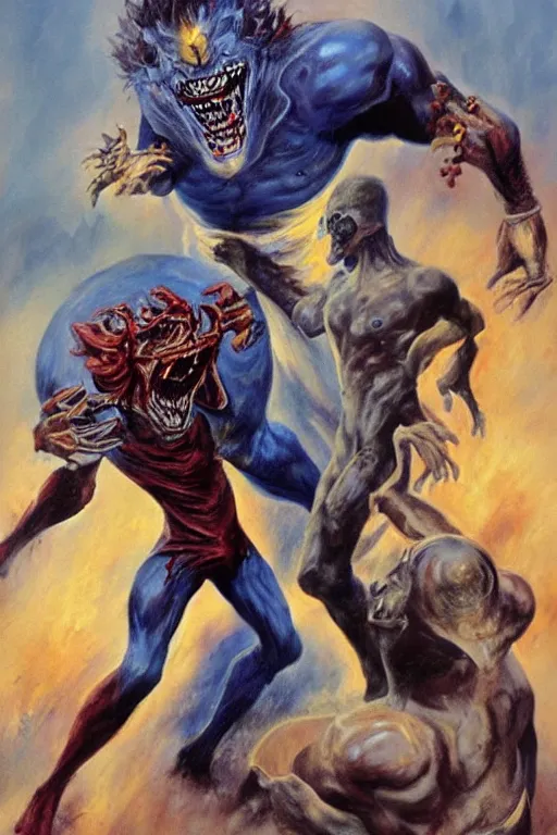 Image similar to the undead football player fights an ancient god, concept art by boris vallejo and michael whelan