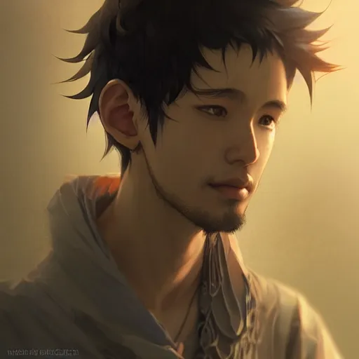 Prompt: Portrait of man with curly short hair and Indonesian-type skin, atmospheric lighting, intricate detail, cgsociety, ambient light, dynamic lighting, anime style by Yusuke Kozaki