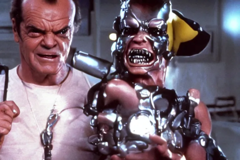 Prompt: Jack Nicholson plays Terminator Pikachu hybrid, scene where his endoskeleton gets exposed, still from the film