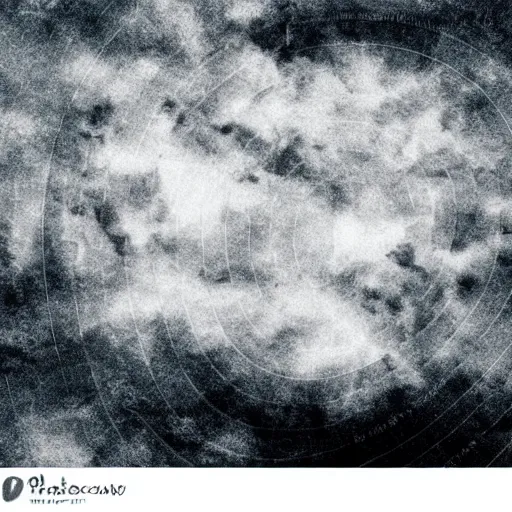 Image similar to high - angle view, from 1 0 0 0 feet in distance, vague uap interstellar vehicle on top of dramatic moody clouds in the sky, muted ink and watercolor. minimalist, detailed, muted colors. ue 5