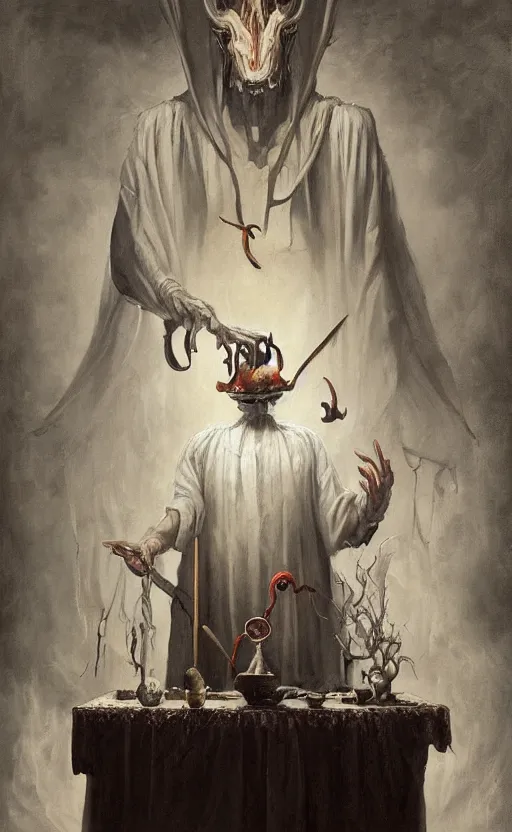 Image similar to a painting of a white robed magician behind a table, right hand points up holding a wand, left hand points down, cup, sword, pentacle, wand, a surrealist painting by marco mazzoni, peter mohrbacher, nychos, cgsociety, neo - figurative, detailed painting, rococo, oil on canvas, biomorphic, lovecraftian