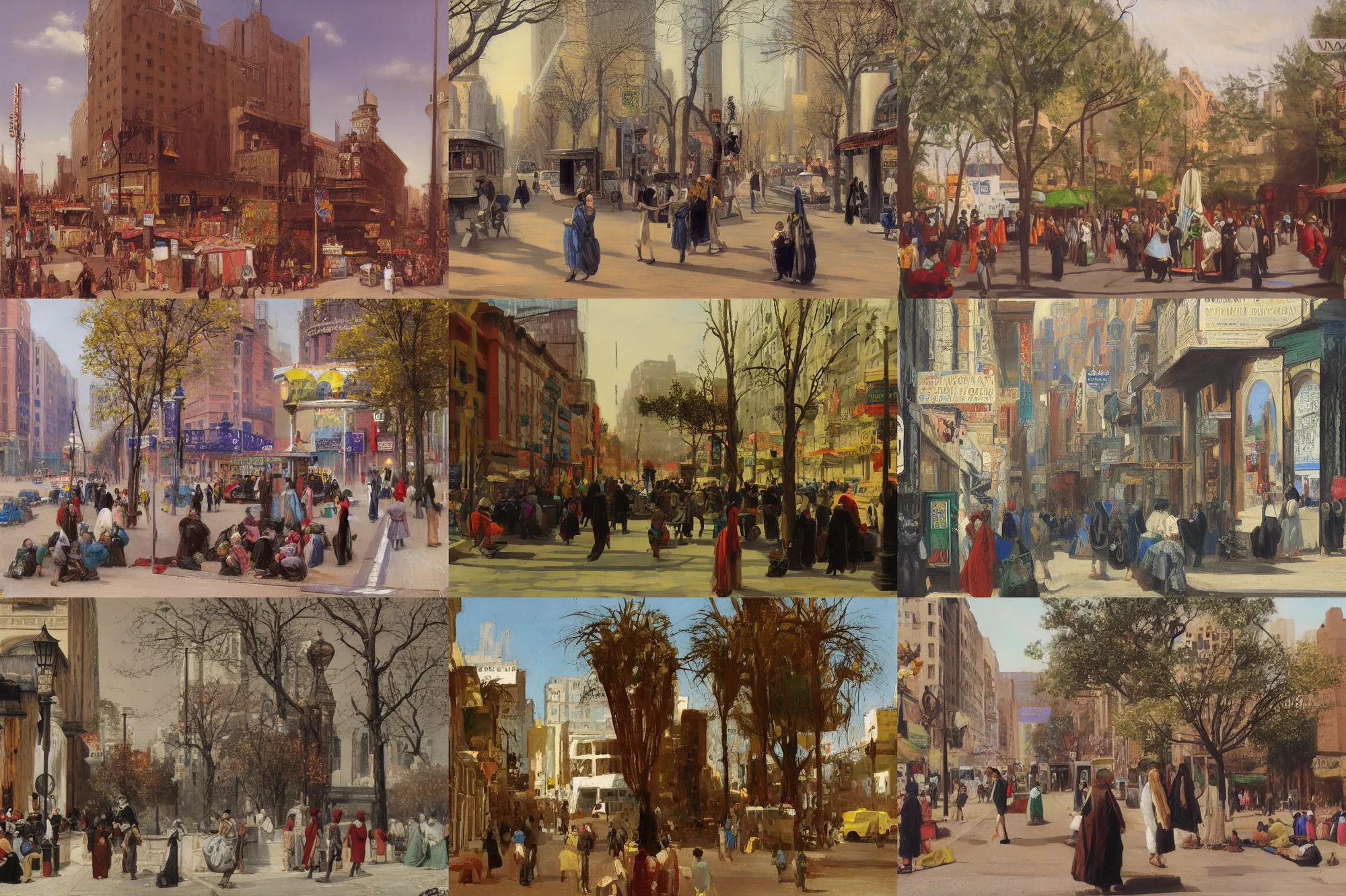Prompt: moroccan queens ny, new york city street, mta subway entrance, bus driving away, tree, traffic, pedestrians, shops, Jean-Leon Gerome