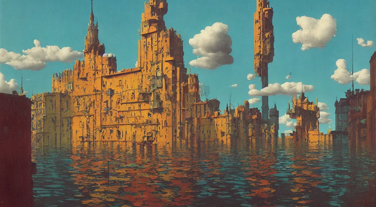 Image similar to single flooded tower, very coherent and colorful high contrast!! painting by rene magritte max ernst simon stalenhag carl spitzweg syd mead norman rockwell edward hopper james gilleard, dark shadows, sunny day, hard lighting, masterpiece