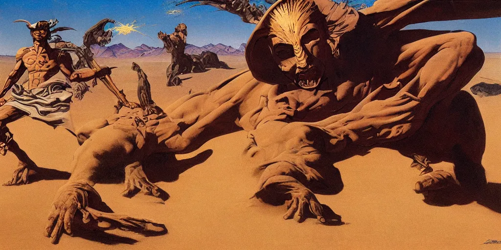 Prompt: peace of desert truth God Sand menace in the style of Frank Frazetta, Jeff Easley, Caravaggio, extremely clear and coherent, intricate and detailed, 8K resolution
