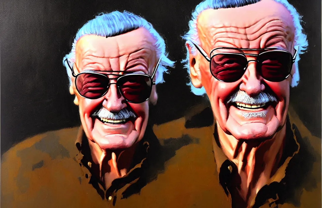 Image similar to portrait of stan lee!!!!!!!!!!!!!!!!!!!!!!!!!!!, detailed face, detailed painting, epic lighting, by ilya repin, phil hale and kent williams