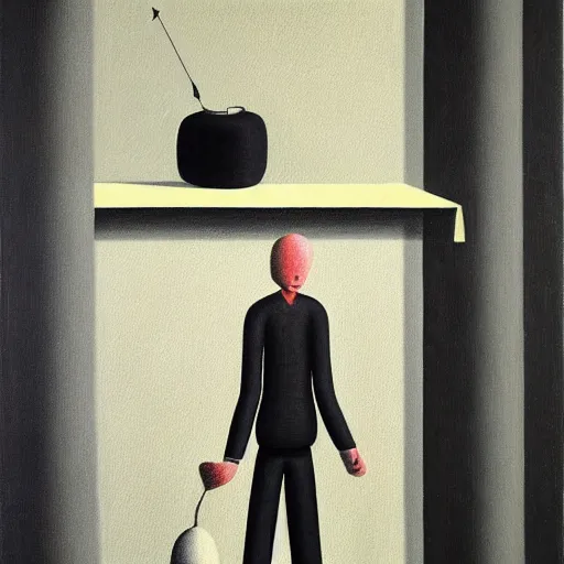 Prompt: a painting of a man wearing striped shirt, a surrealist painting by gertrude abercrombie. surrealism, dark, low contrast, featured on pixiv, precisionism, surrealist, art on instagram, detailed painting