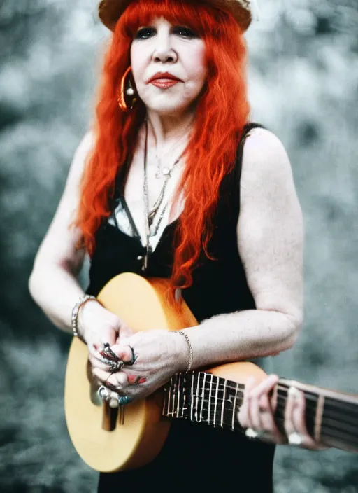 Image similar to dslr portrait photo still of stevie nicks with red hair playing a guitar, 8 5 mm, f 1. 8