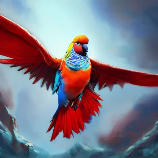 Image similar to an oil painting of a blue budgie with red dragon wings, hd, hdr, ue 5, ue 6, unreal engine 5, cinematic 4 k wallpaper, 8 k, ultra detailed, high resolution, artstation, award winning