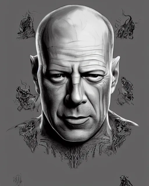 Prompt: face-centred portrait of Bruce Willis in lord of the rings movie , body covered in elfish tattoos , open magic book glowing, D&D, fantasy, highly detailed, digital art, fantasy illustration, trending on artstation, smooth, sharp focus, illustration, art by artgem and ROBERT HYNES