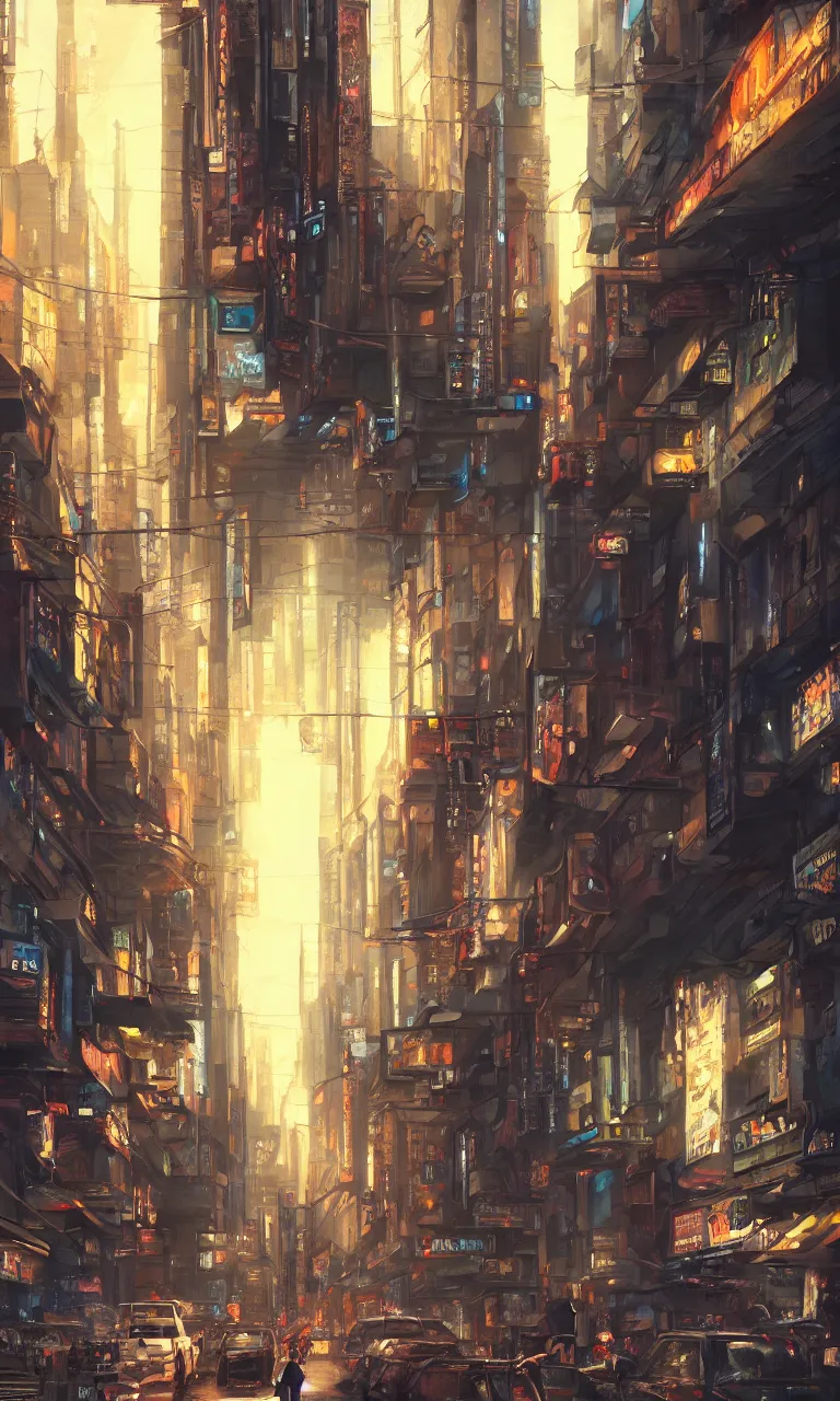 Image similar to an epic painting of the city street, oil on canvas, cold colors, perfect composition, golden ratio, beautiful detailed, photorealistic, digital painting, artstation, concept art, smooth, sharp focus, illustration, cyberpunk background, artstation trending, octane render, unreal engine
