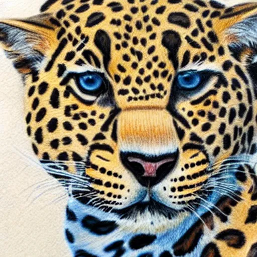 Image similar to colored pencil drawing of a happy leopard