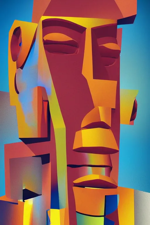 Image similar to cubist moai statue cutout digital illustration cartoon colorful beeple