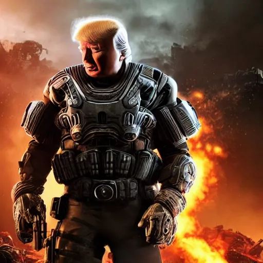 Image similar to Photo portrait of Donald Trump as ((the punisher)) in Gears of War, splash art, movie still, detailed face, photorealistic facial features, cinematic lighting, dramatic, octane render, long lens, shallow depth of field, bokeh, anamorphic lens flare, 8k, hyper detailed, 35mm film grain