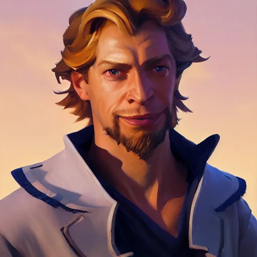 Prompt: Greg Manchess portrait painting o Guybrush Threepwood as Overwatch character, medium shot, asymmetrical, profile picture, Organic Painting, sunny day, Matte Painting, bold shapes, hard edges, street art, trending on artstation, by Huang Guangjian and Gil Elvgren and Sachin Teng