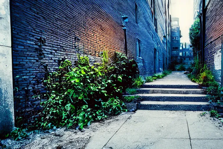 Prompt: small overgrown urban garden at twilight in Montreal backalley, brick wall, metal staircase, overcast sky, moonlight, volumetric lighting, cell-shading, blue and black color scheme