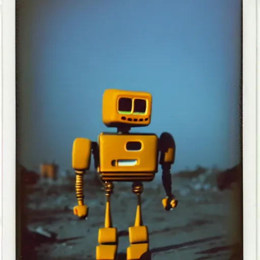 Prompt: old polaroid of a evil robot walking on a destroyed city, 8 k, uhd, golden hour, 8 0 0 mm