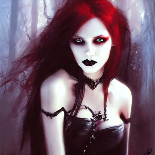 Image similar to beautiful gothic vampire girl, paint by Raymond Swanland