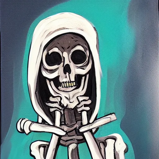 Prompt: A skeleton in a hoodie sitting on the street smoking a cigarette at night, painted with a palette knife