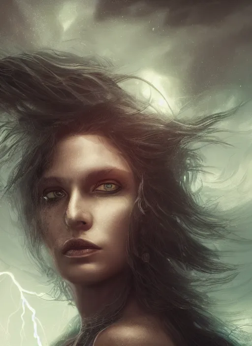 Image similar to a close up portrait of a creepy sea witch with dark turbulent skies and lightning, photorealistic, by jessica rossier, 4 k resolution