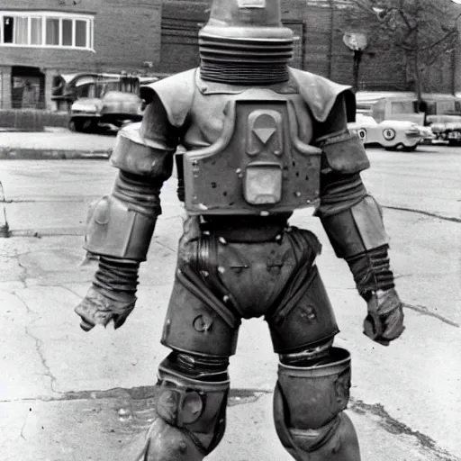 Prompt: war photography usa power armor 1 9 5 0 s