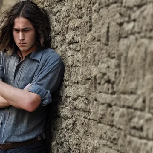 Image similar to Still of a modern movie set in the 1930s where a young man with long hair is backed against a stone wall looking utterly panicked and helpless