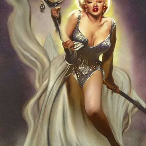 Prompt: an extremely detailed matte painting marilyn monroe as a powerful sorceress in a resplendent silver and gold dress with crimson trim and a long leg slit, in the style of magic the gathering, 8 k, sharp focus, detailed face, art by john collier and albert aublet and krenz cushart and artem demura and alphonse mucha