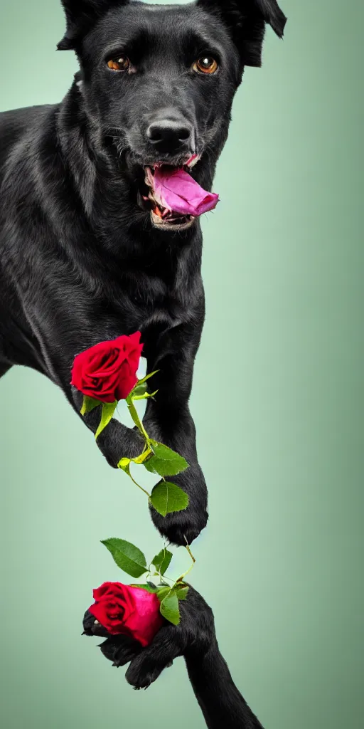 Image similar to black dog holding rose in his mouth, bright green eyes, studio lighting, 4 k, realistic, chromatic abberation, global illumination