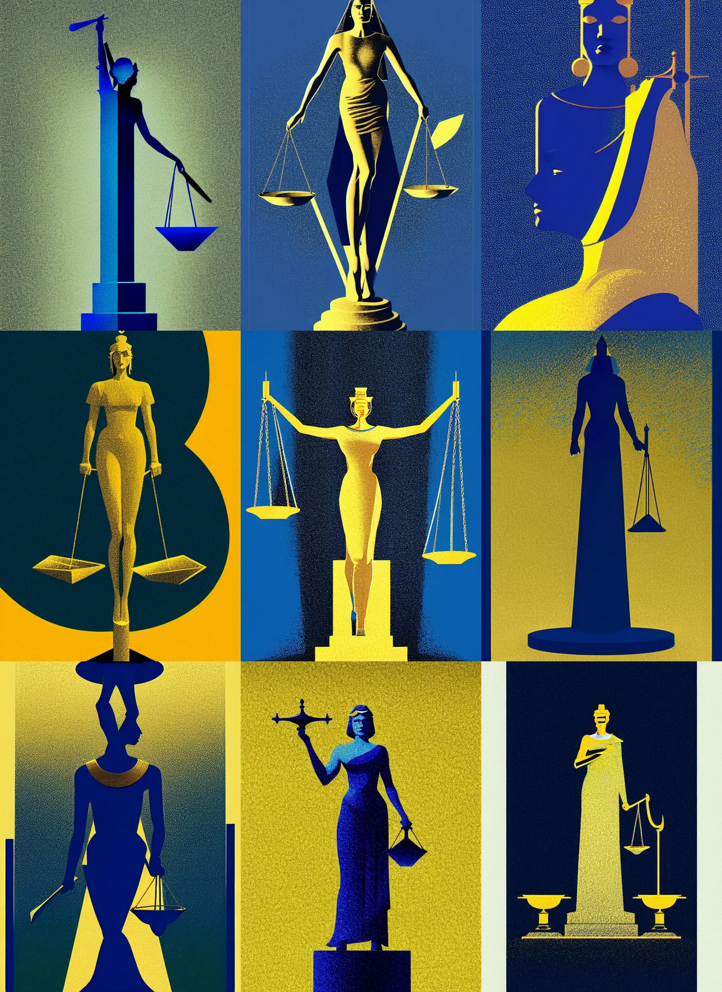 Prompt: ( ( dither ) ), editorial illustration full body portrait statue of lady justice, modern art deco, blue + gold + white + black, ( ( mads berg ) ), christopher balaskas, victo ngai, moebius, rich grainy texture, detailed, dynamic composition, wide angle, risograph