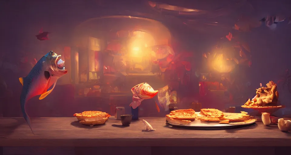 Prompt: a beautiful painting of a fish eating pies, gigantic, octane render, brilliantly coloured, intricate, ultra wide angle, trending on artstation, dusk, volumetric lighting, polished, micro details, ray tracing, 8k