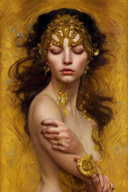 Image similar to an intricate artistic pose painting of a beautiful young muse with an artistic sensual pose with klimt golden motives and textures, hyper detailed, ornamental gold headpiece, octane render, vivid colors, artstation, by jeremy mann, by alphonse mucha, by boris vallejo